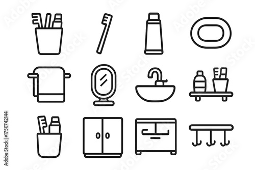 Toothbrush Holder Icons. Toothbrush holder. Line outline icon set of Toothbrush holder: bathroom essentials,