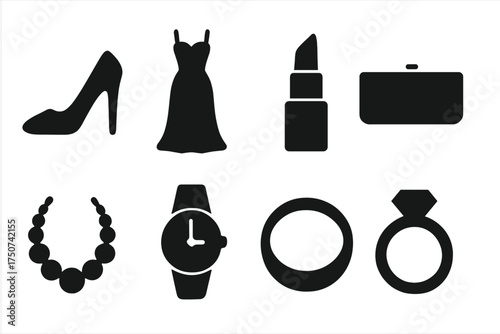 Glamour Icon Set. Glamour. Filled icon set of Glamour: high heels, gown, lipstick, clutch, necklace, watch,