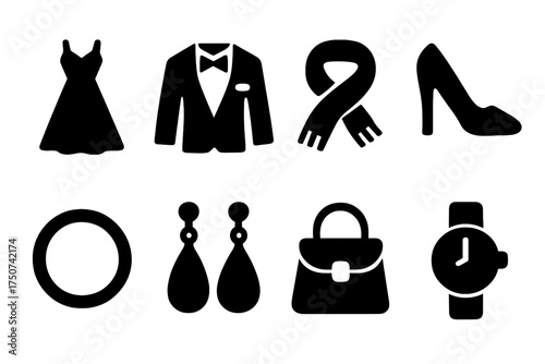 Black Festive Outfits Icons. Festive Outfits. Filled icon set of Festive Outfits: evening gown, tuxedo, scarf,