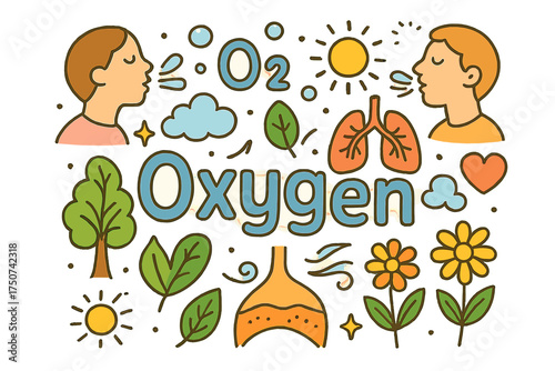 Oxygen Doodle Art. Oxygen. Hand-drawn doodle illustration of Oxygen. O2 molecule, lungs, air bubbles, inhaling