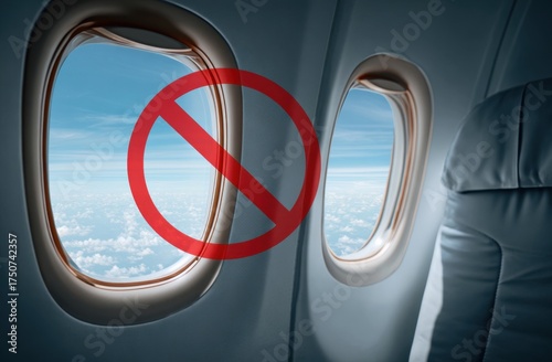 Airplane interior with a no-entry sign over a window