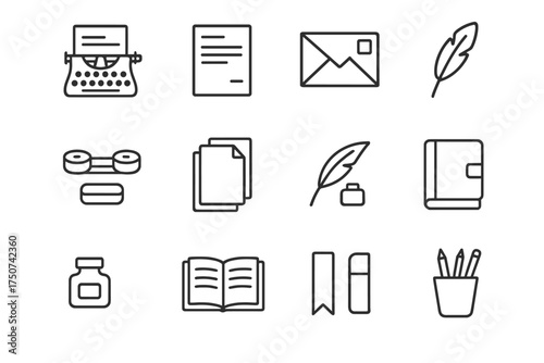 Vintage Writing Icons. A vintage typewriter with an unfinished manuscript on paper. Line outline icon set of A