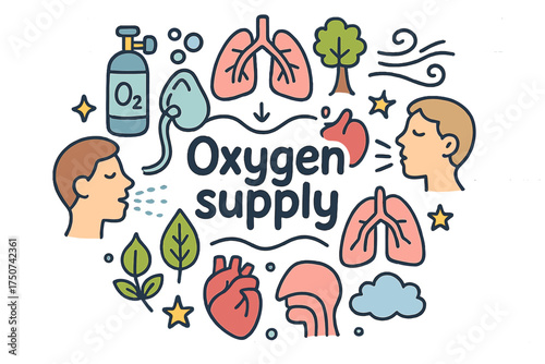 Oxygen Supply Doodle. Oxygen supply. Hand-drawn doodle illustration of Oxygen supply. O2 cylinder, mask, lungs