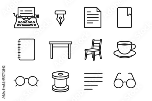 Vintage Typewriter Icons. A vintage typewriter with an unfinished manuscript on paper. Line outline icon set