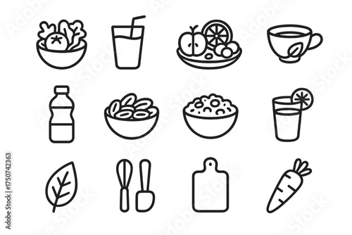 Wellness Retreats Icon Set. Wellness retreats. Line outline icon set of Wellness retreats: healthy food, salad