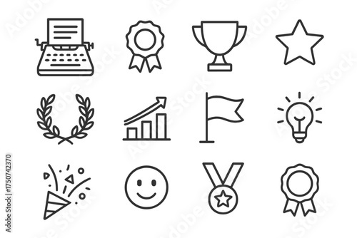 Typewriter Icon Grid. A vintage typewriter with an unfinished manuscript on paper. Line outline icon set of A