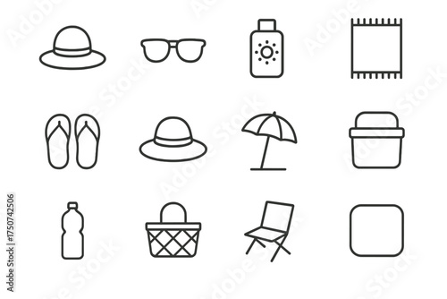 Beach Celebration Icons. Surfing or beach volleyball tournament celebrations. Line outline icon set of Surfing