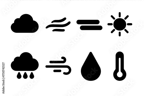 Cloud Icon Set. Cloud Types. Filled icon set of Cloud Types: cumulus cloud, cirrus cloud, stratus cloud,
