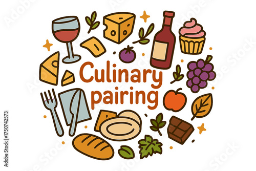 Culinary Pairing Delight. Culinary pairing. Hand-drawn doodle illustration of Culinary pairing. wine glass,
