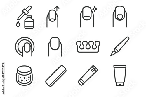 Nail Care Icons Set. Nail care and hand cleanliness. Line outline icon set of Nail care and hand cleanliness:
