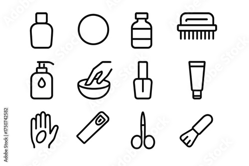 Nail Care Icons. Nail care and hand cleanliness. Line outline icon set of Nail care and hand cleanliness: nail