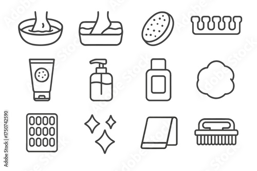 Nail Care Icons. Nail care and hand cleanliness. Line outline icon set of Nail care and hand cleanliness:
