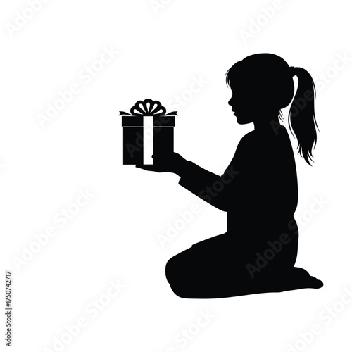 Silhouette of a girl kneeling and holding a gift box with a ribbon on a white background