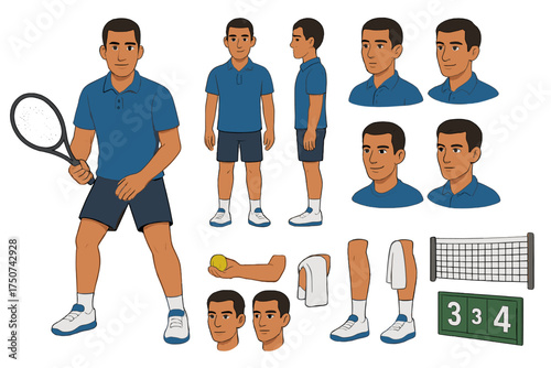 Tennis Player Creator. Cartoon realistic vector illustration, Character constructor style, isolated