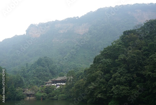 mountain landscape with fog and trees