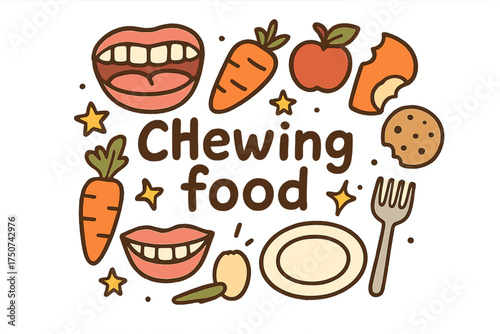 Food Doodle Art. Chewing food. Hand-drawn doodle illustration of Chewing food. teeth, jaw, molar, tongue,