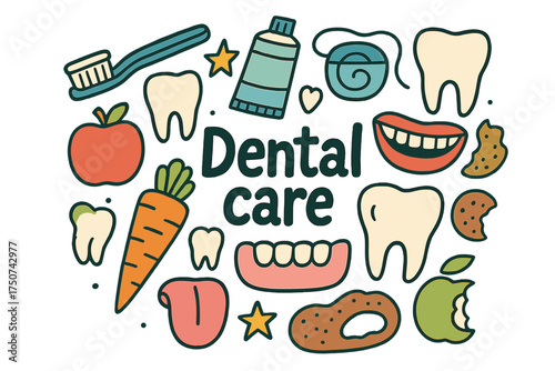 Dental Care Icons. Dental care. Hand-drawn doodle illustration of Dental care. toothbrush, toothpaste, floss,