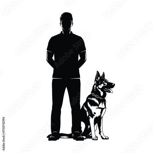 Silhouette of a man standing with hands behind his back next to a german shepherd sitting down