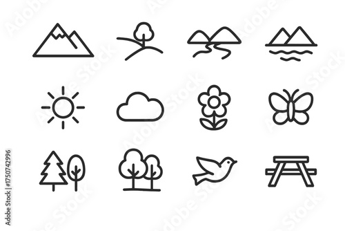 Outdoor Family Icons. Family portraits in natural settings (outdoor family shoots). Line outline icon set of
