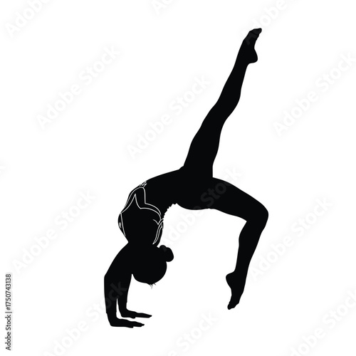Silhouette of a gymnast in a backbend with one leg extended upward against a white background