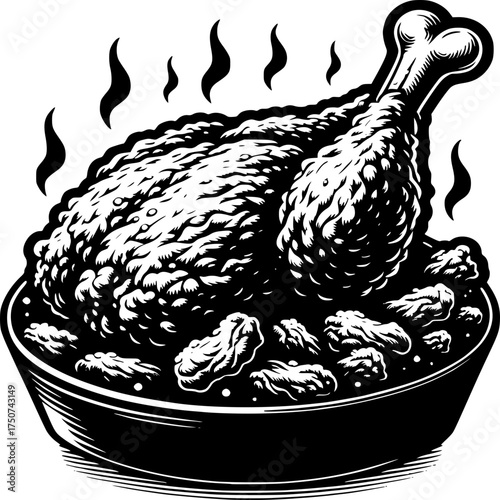 Delicious Crispy Fried Chicken: A mouthwatering illustration of a complete fried chicken meal served on a platter, steam rising tantalizingly. Perfect for food-related designs and menus.