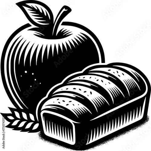 Apples and Bread: A beautifully detailed engraving of a crisp apple alongside a loaf of freshly baked bread, symbolizing nourishment and the simple pleasures of life.