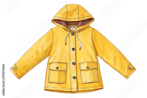 Watercolor yellow raincoat with hood, hand painted waterproof jacket illustration. Cozy outerwear clipart isolated on transparent background, perfect for autumn weather designs, children’s clothing ic