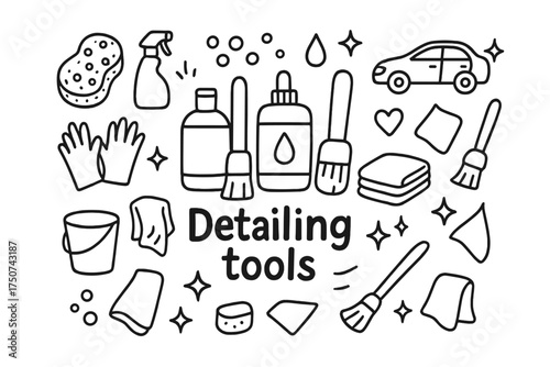 Detailing Tools Doodle. Detailing tools. Hand-drawn doodle illustration of Detailing tools. In the middle, one