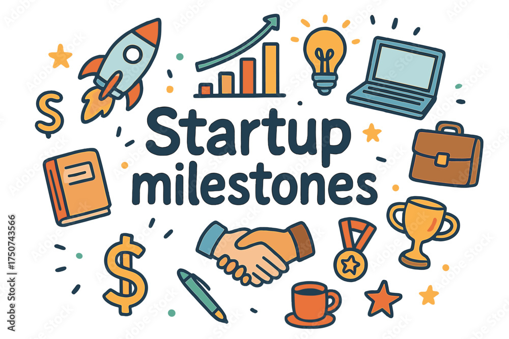 Fototapeta premium Startup Milestones Doodle. Startup milestones. Hand-drawn doodle illustration of Startup milestones. rocket,