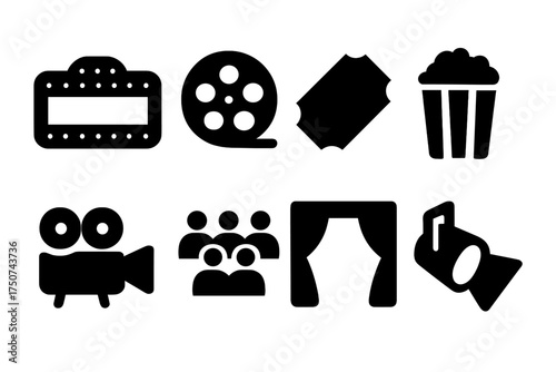 Movie Night Icons. Movie Night. Filled icon set of Movie Night: marquee sign, film reel, ticket, popcorn,