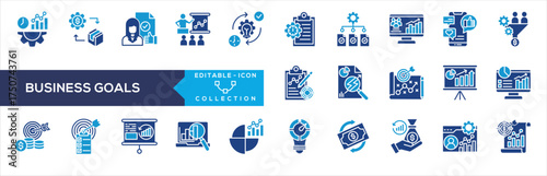 Business Goals Glyph Color Icon Collection. Containing productivity, cost reduction, employee satisfaction, training development, process improvement, time management, project completion 