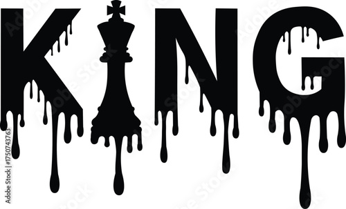 Monochromatic Drip Art Depicting a Chess King and the Word King Symbolizing Power and Strategy with a Modern Twist
