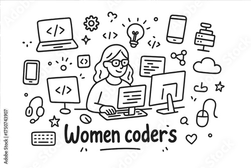 Women Coders Doodle. Women coders. Hand-drawn doodle illustration of Women coders. In the middle, one slightly
