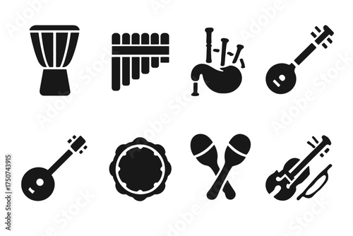 Ethnic Music Instruments. Ethnic Music. Filled icon set of Ethnic Music: djembe drum, pan flute, bagpipes,