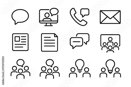 Corporate Communication Icons. Leadership in action during corporate restructuring. Line outline icon set of
