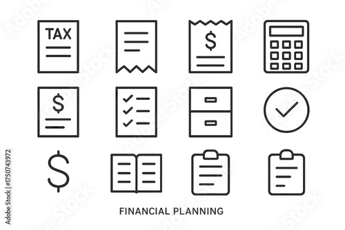 Financial Planning Icons. Financial planning. Line outline icon set of Financial planning: tax document,