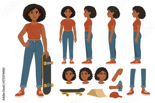 Skater Girl Avatar. Cartoon realistic vector illustration, Character constructor style, isolated transparent