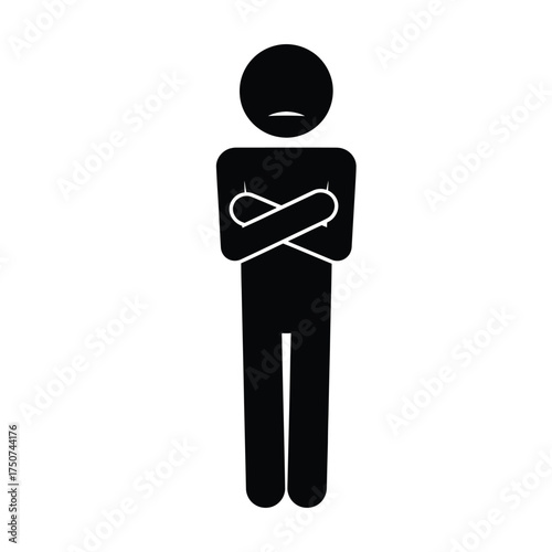 A black stick figure with a sad face and crossed arms standing on a white background alone in view silhouette