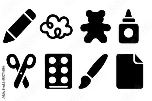 Playful Art Icons. Playful Art. Filled icon set of Playful Art: crayon, doodle, clay toy, glue, scissors,