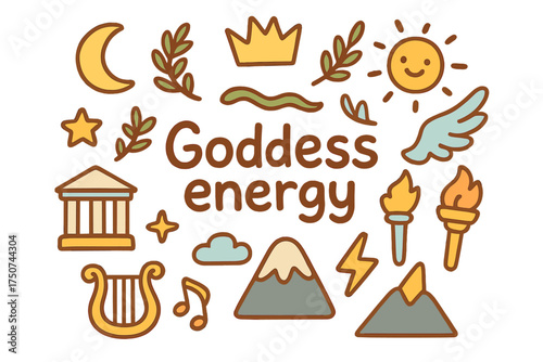 Goddess Energy Symbols. Goddess energy. Hand-drawn doodle illustration of Goddess energy. moon, sun, laurel