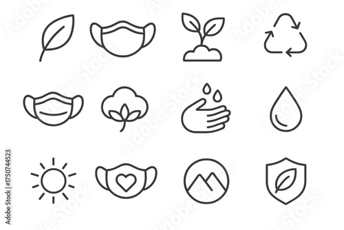 Eco-Friendly Mask Icons. Protective face mask. Line outline icon set of Protective face mask: leaf icon,