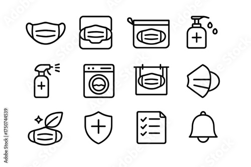 Protective Mask Icons. Protective face mask. Line outline icon set of Protective face mask: mask storage case,