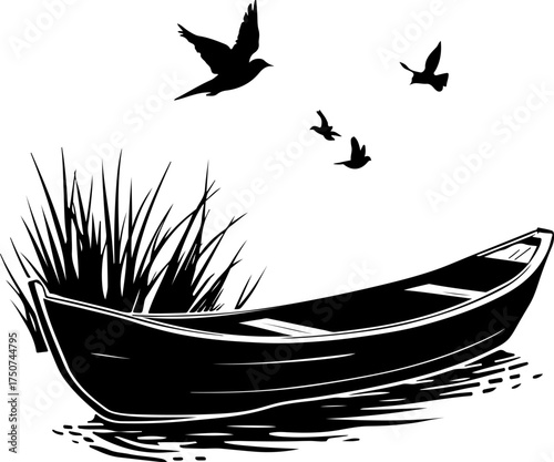 boat on the water, bird, vector, flying, silhouette, sea, nature, sky, eagle, birds, water, illustration, animal, black, fly, logo, flight, icon, lake, wings, wing, seagull, design, ocean, freedom, sy