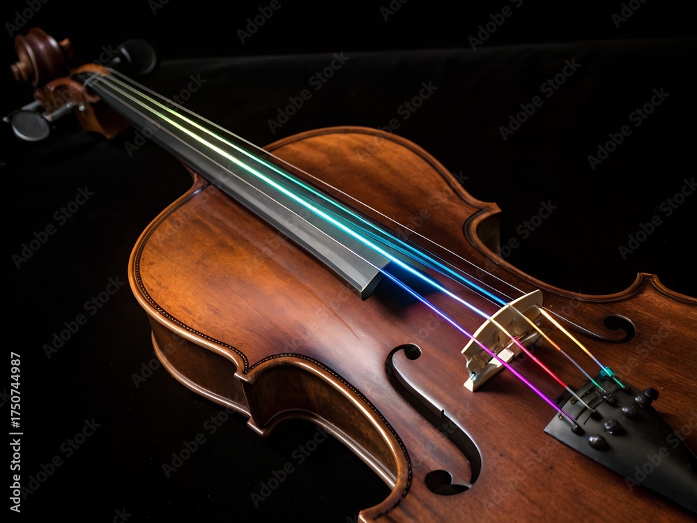 Fototapeta premium Close up of a brown violin with colorful glowing strings against a dark black background studio shot
