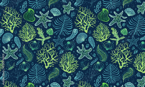 Seamless Pattern with Glowing Underwater Coral and Seaweed. Mystical Marine Life Vector Illustration