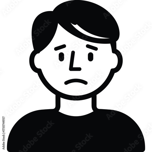 A simple black and white illustration of a man with a sad expression on his face and dark hair silhouette