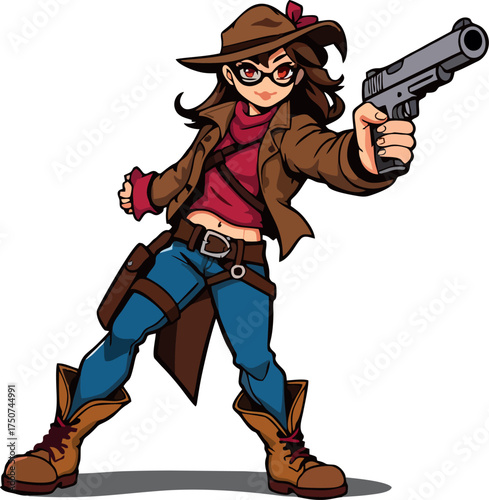 Female Gunfighter Mascot Vector – Western Cowgirl Shooter Cartoon Character with Hat, Bandana, and Pistol