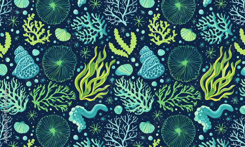 Seamless Pattern with Glowing Underwater Coral and Seaweed. Mystical Marine Life Vector Illustration