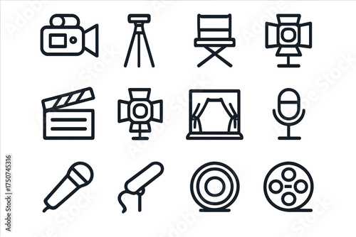 Reality Show Icon Set. Reality show filming. Line outline icon set of Reality show filming: video camera,