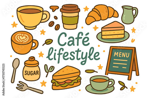 Café Lifestyle Doodles. Café lifestyle. Hand-drawn doodle illustration of Café lifestyle. coffee cup, latte